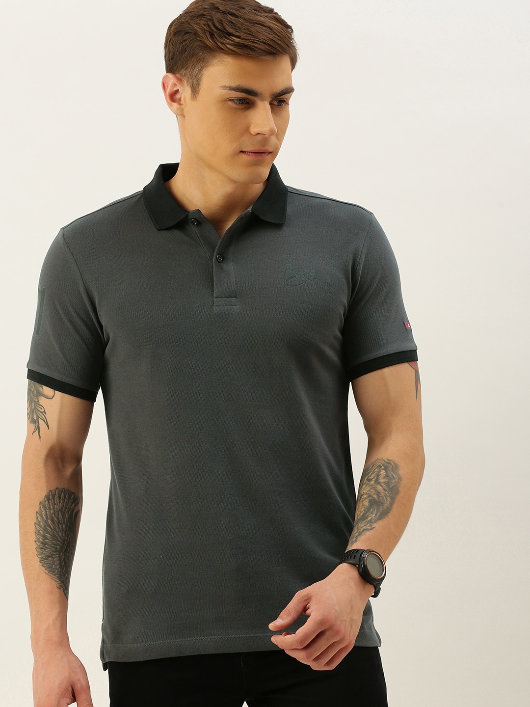 

Being Human Men Grey Solid Polo Collar Pure Cotton T-shirt