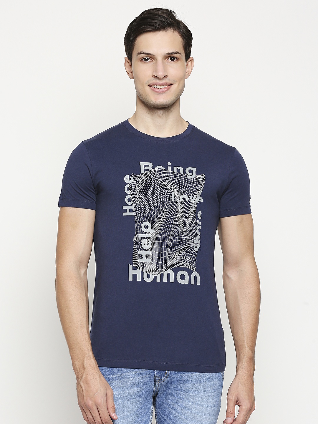 

Being Human Men Navy Blue & Grey Brand Logo Printed Pure Cotton T-shirt