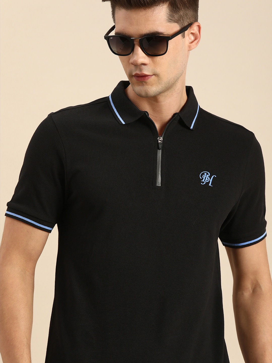 

Being Human Men Black Zipper Polo Collar T-shirt