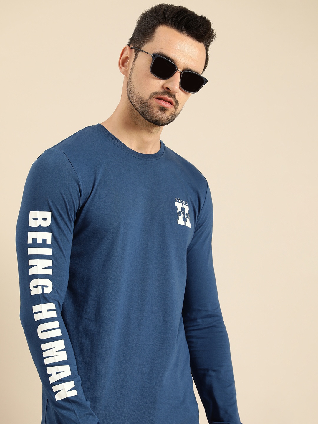 

Being Human Men Navy Blue Brand Logo Printed Pure Cotton T-shirt