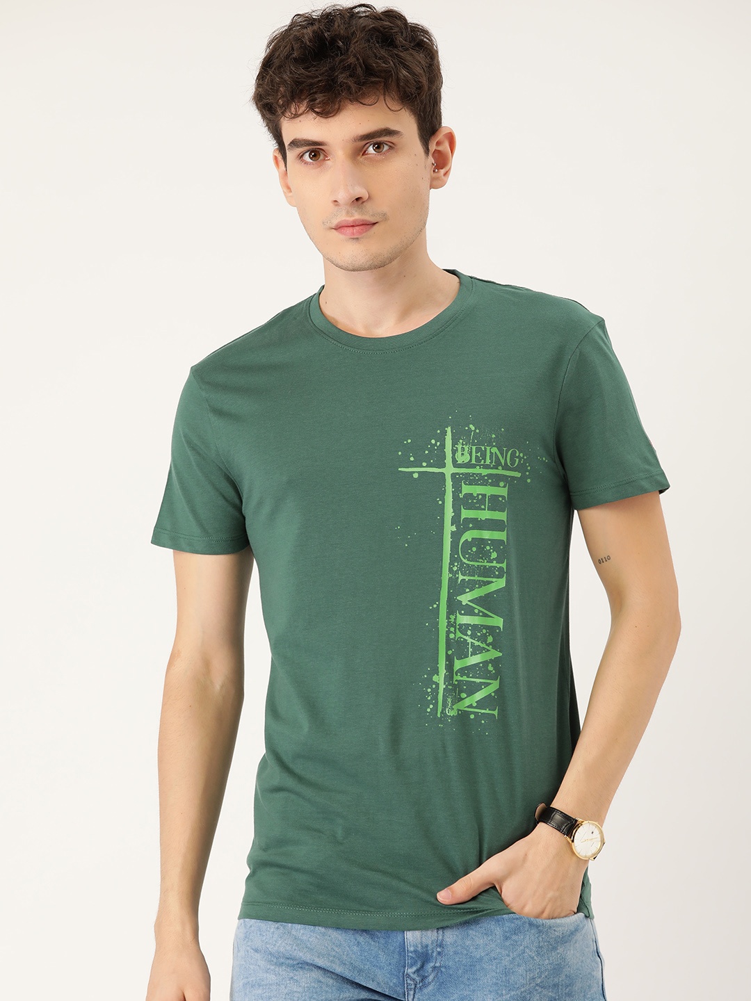 

Being Human Men Green Typography Printed Pure Cotton T-shirt