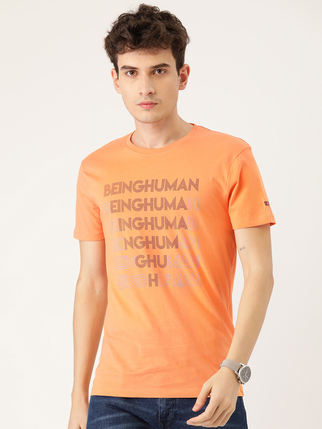 

Being Human Men Orange & Black Brand Logo Printed Pure Cotton T-shirt