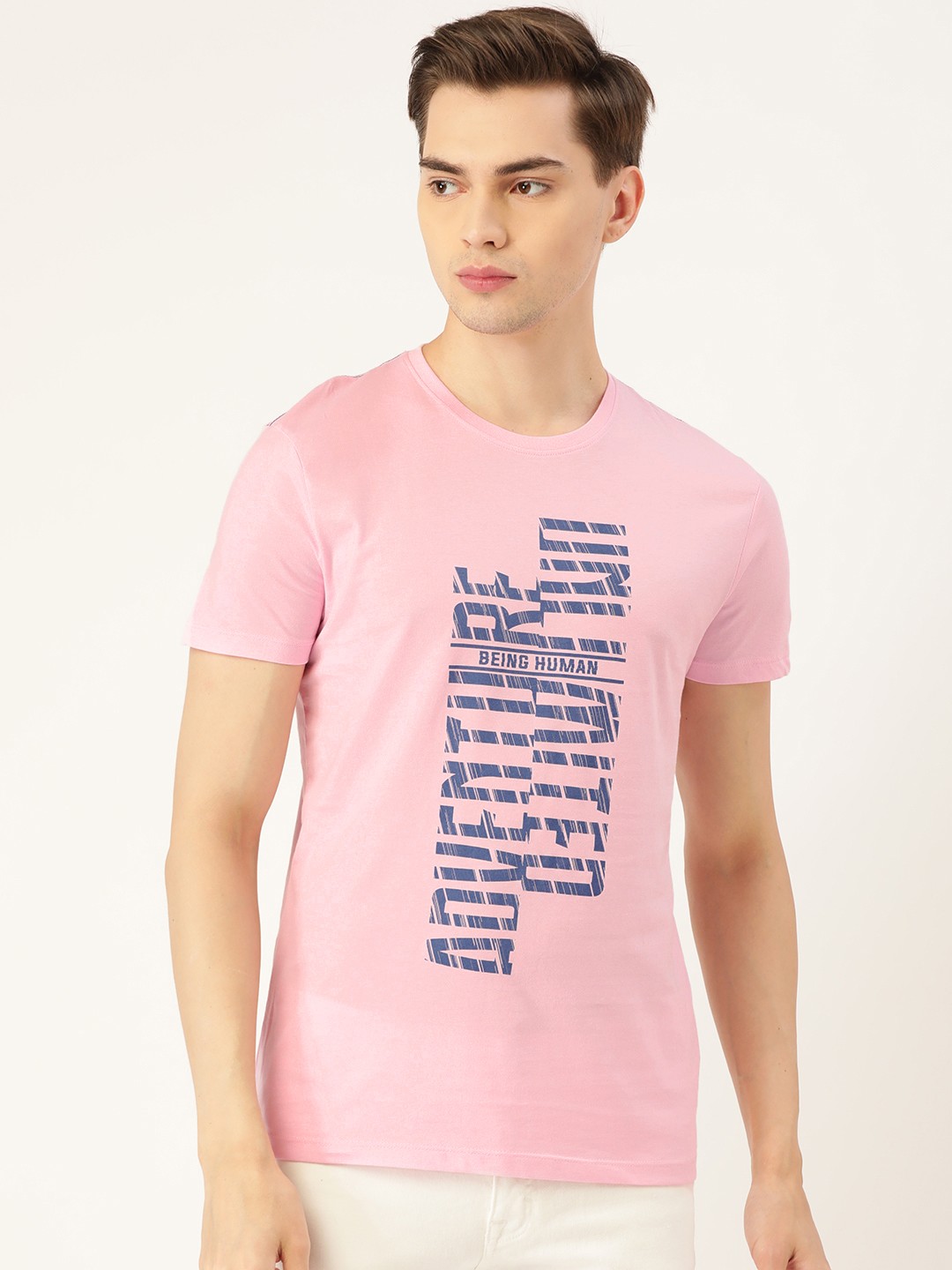 

Being Human Men Pink & Navy Blue Pure Cotton Typography Print T-shirt