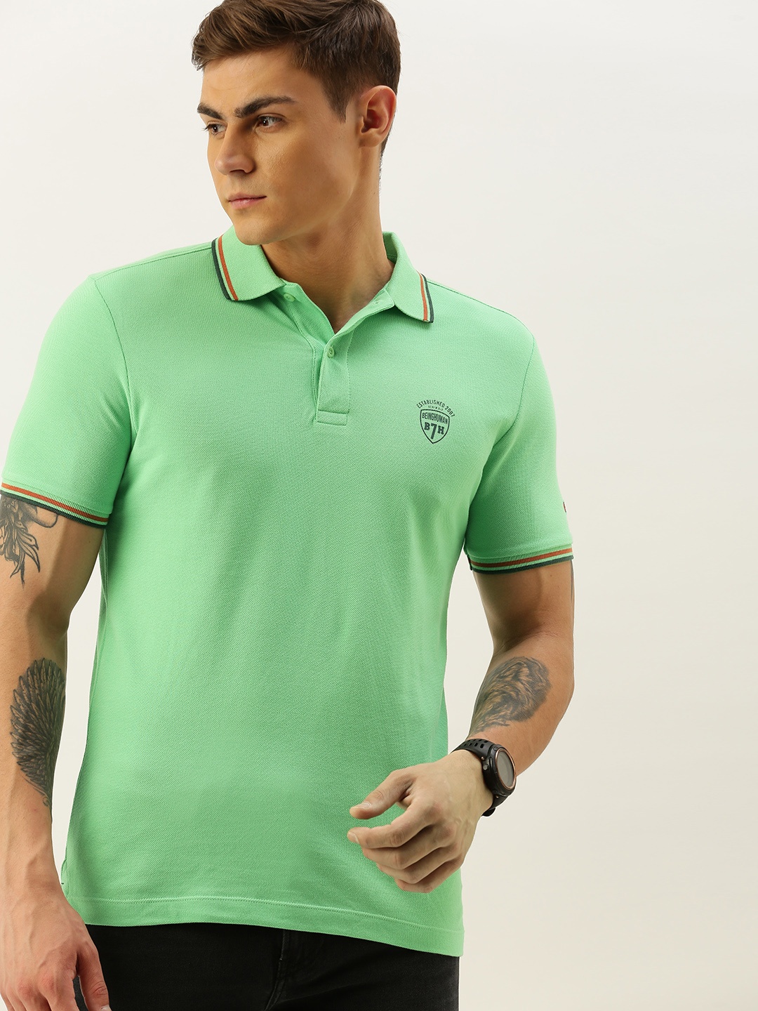 

Being Human Men Pastel Green Solid Polo Collar Pure Cotton T-shirt