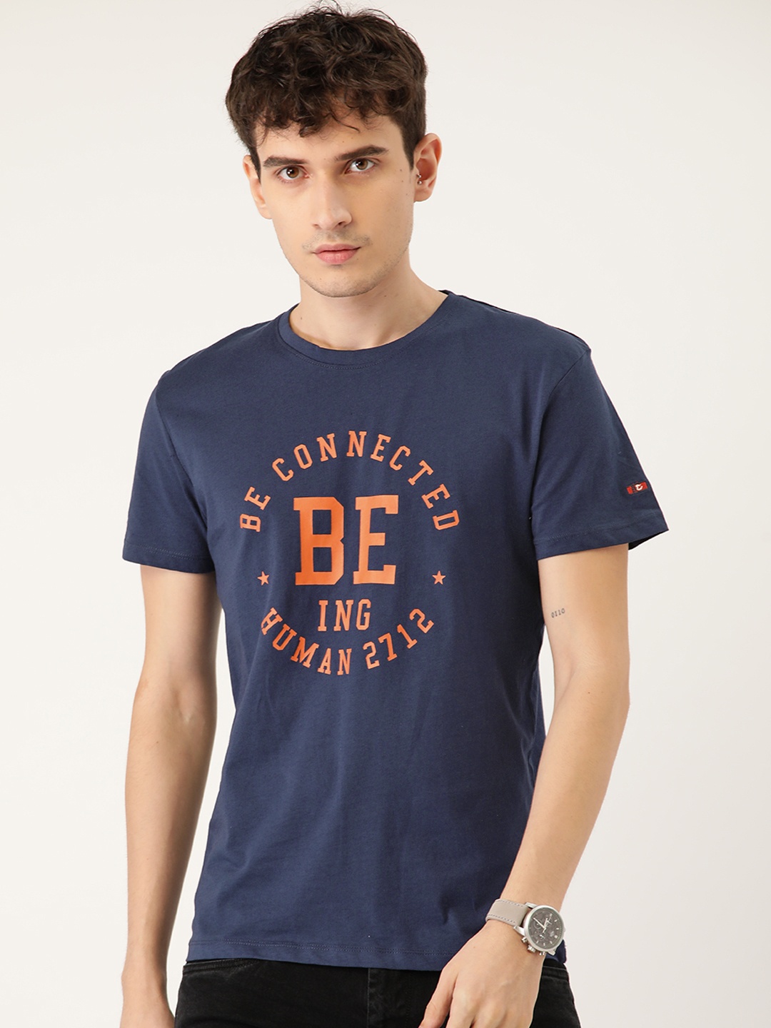 

Being Human Men Navy Blue & Orange Brand Logo Printed Cotton T-shirt