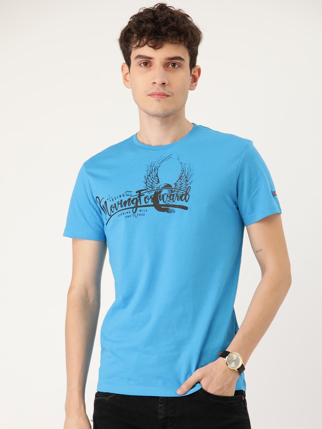 

Being Human Men Blue & Black Typography Printed Pure Cotton T-shirt