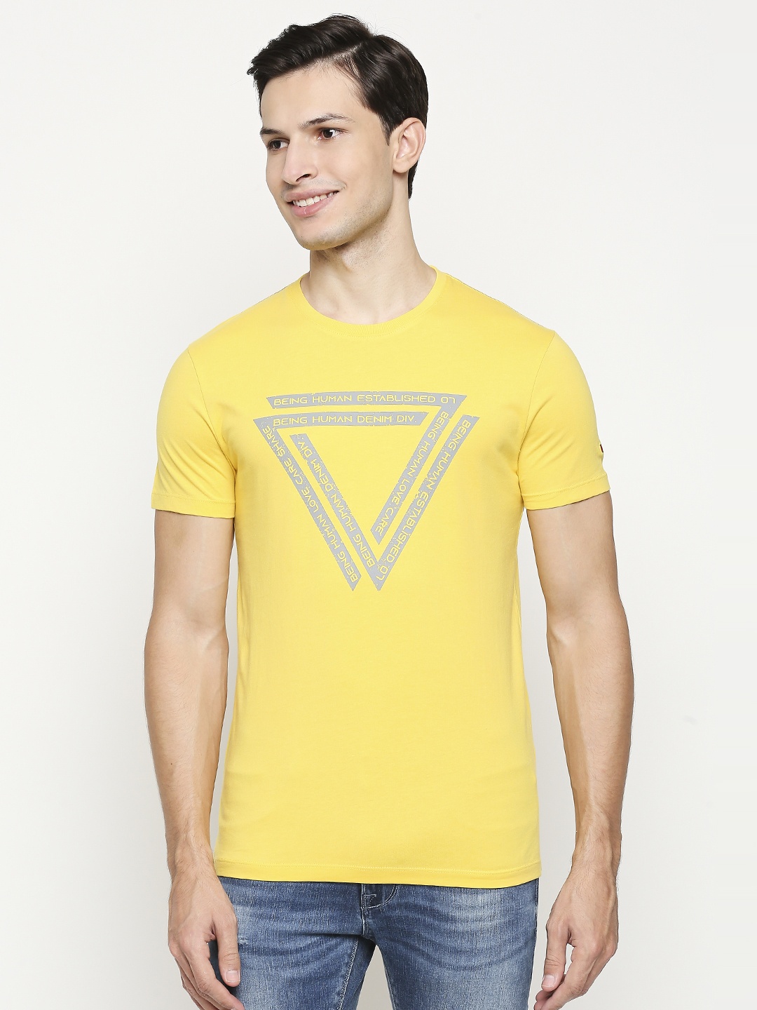 

Being Human Men Yellow & Grey Brand Logo Printed Pure Cotton T-shirt