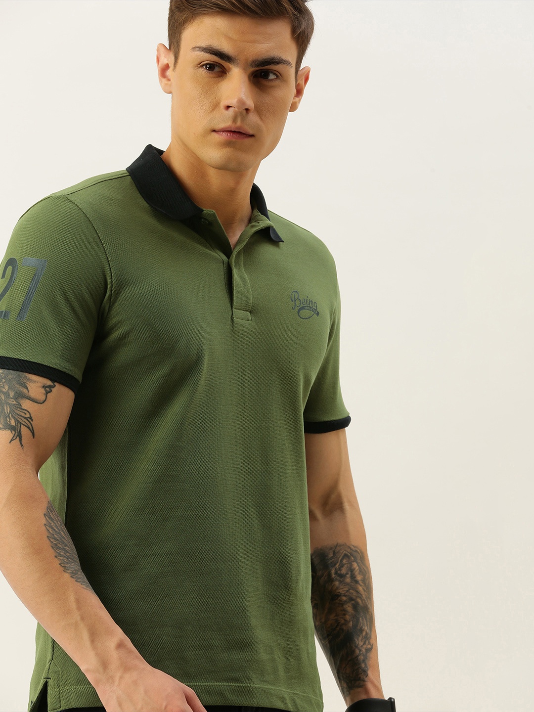 

Being Human Men Olive Green Solid Polo Collar Pure Cotton T-shirt