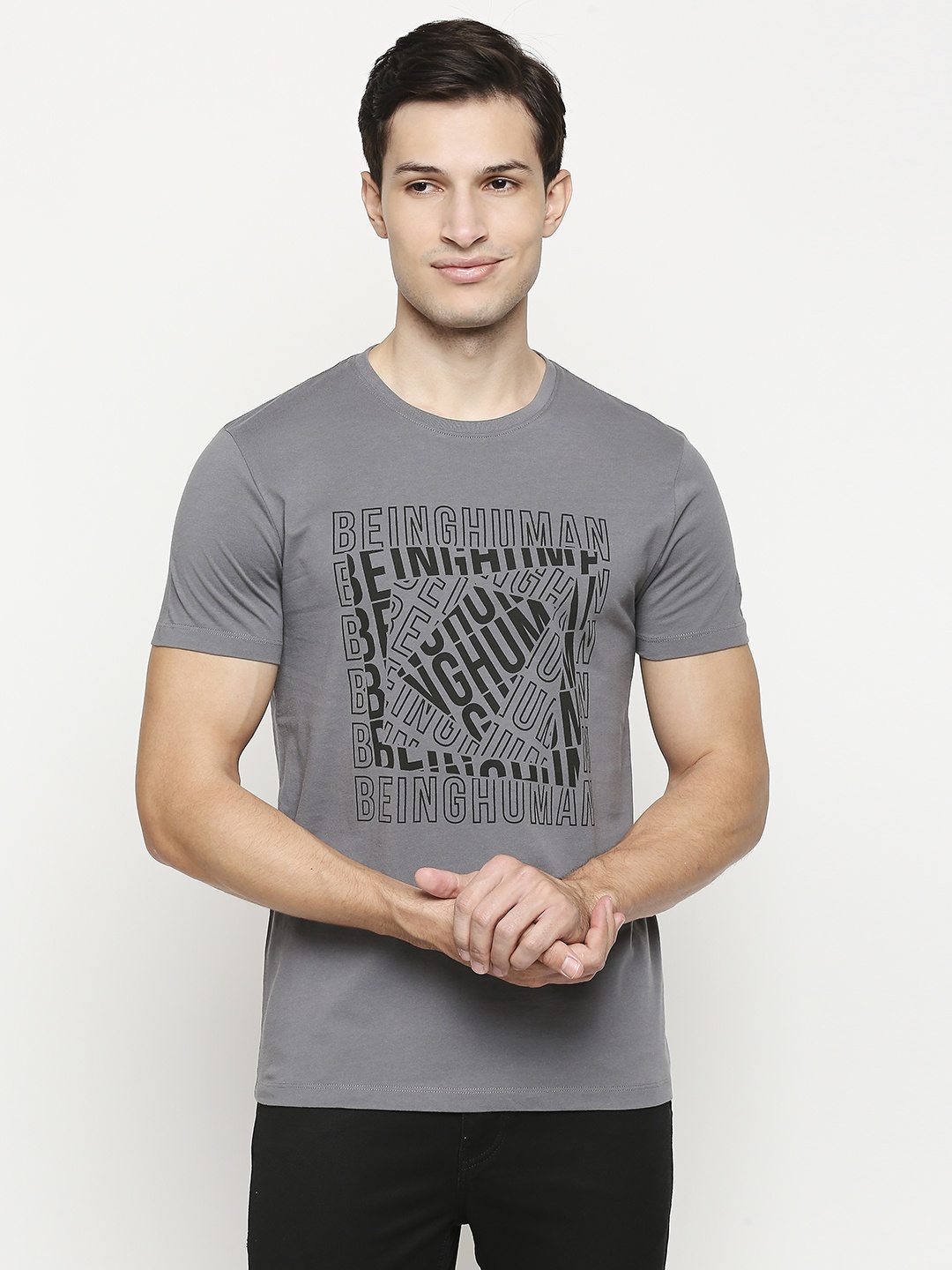 

Being Human Men Grey & Black Brand Logo Printed Pure Cotton T-shirt