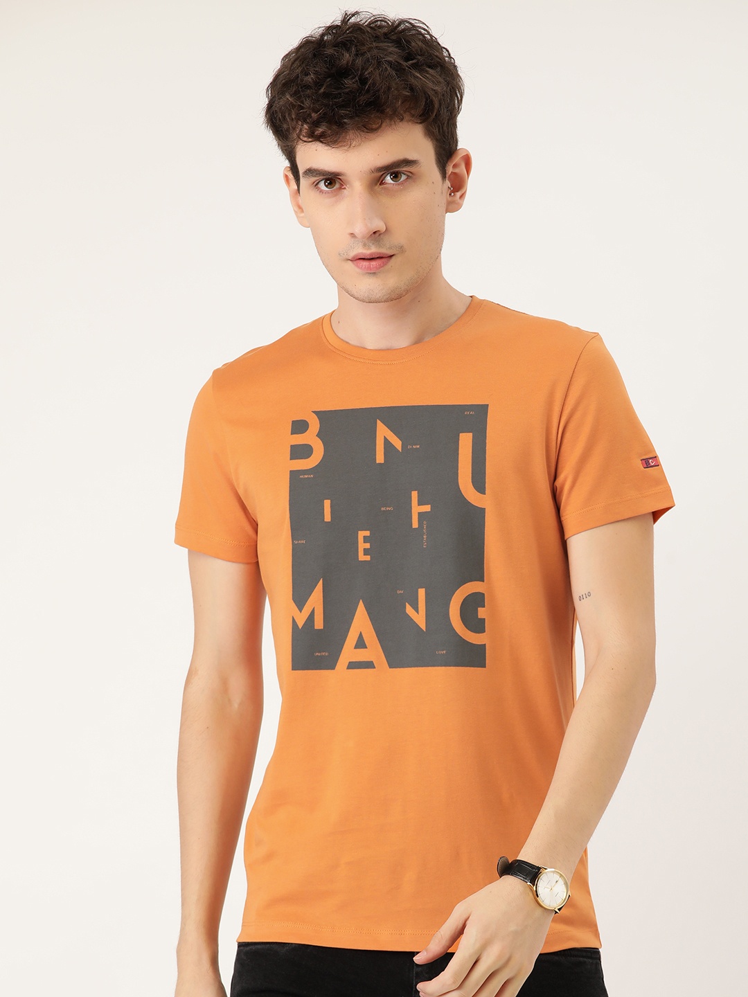 

Being Human Men Orange & Charcoal Grey Printed Cotton T-shirt