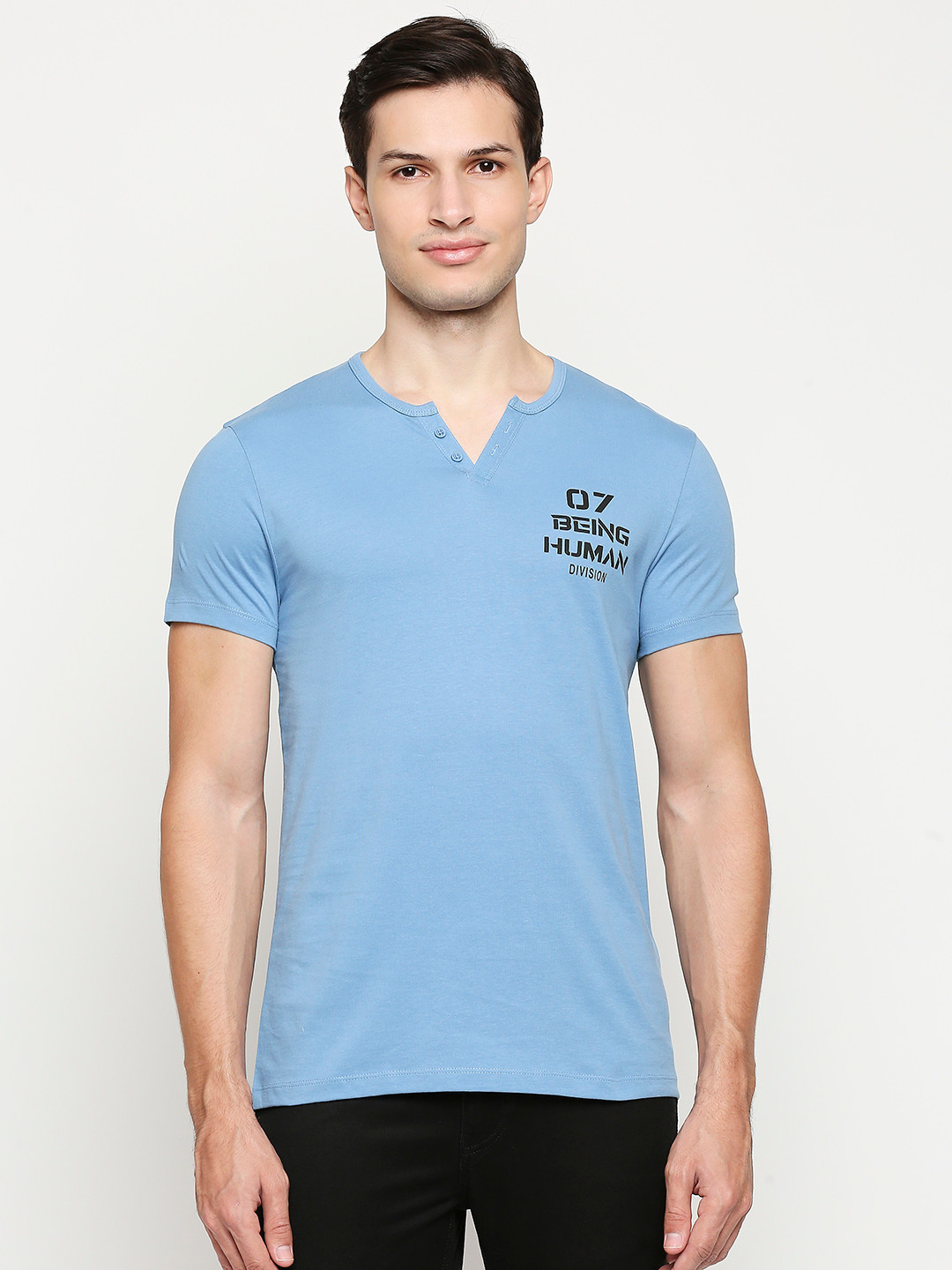 

Being Human Men Blue Solid Henley Neck Pure Cotton T-shirt