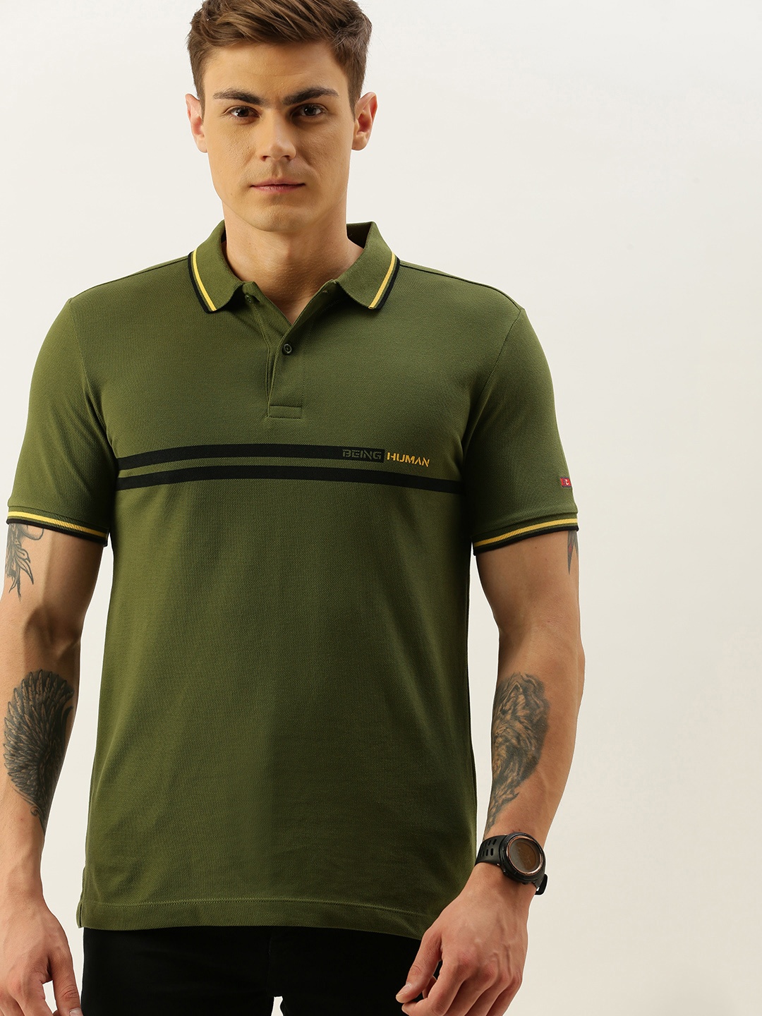 

Being Human Men Olive Green Solid Polo Collar Pure Cotton T-shirt