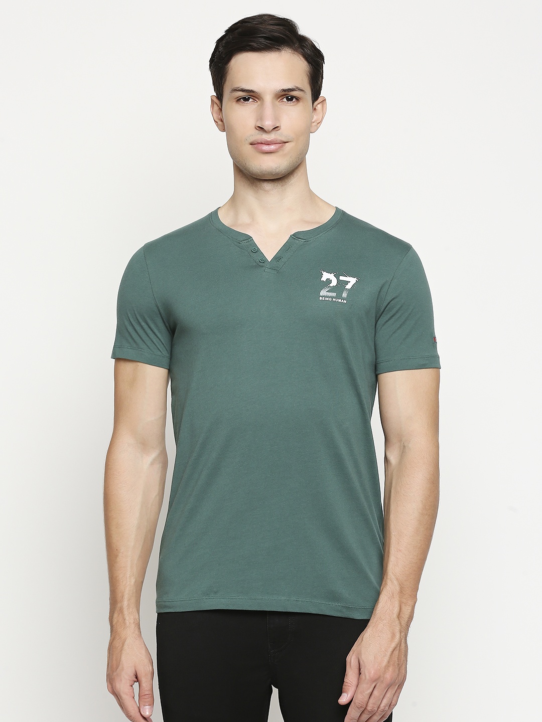 

Being Human Men Teal Green Brand Logo Henley Neck Pure Cotton T-shirt