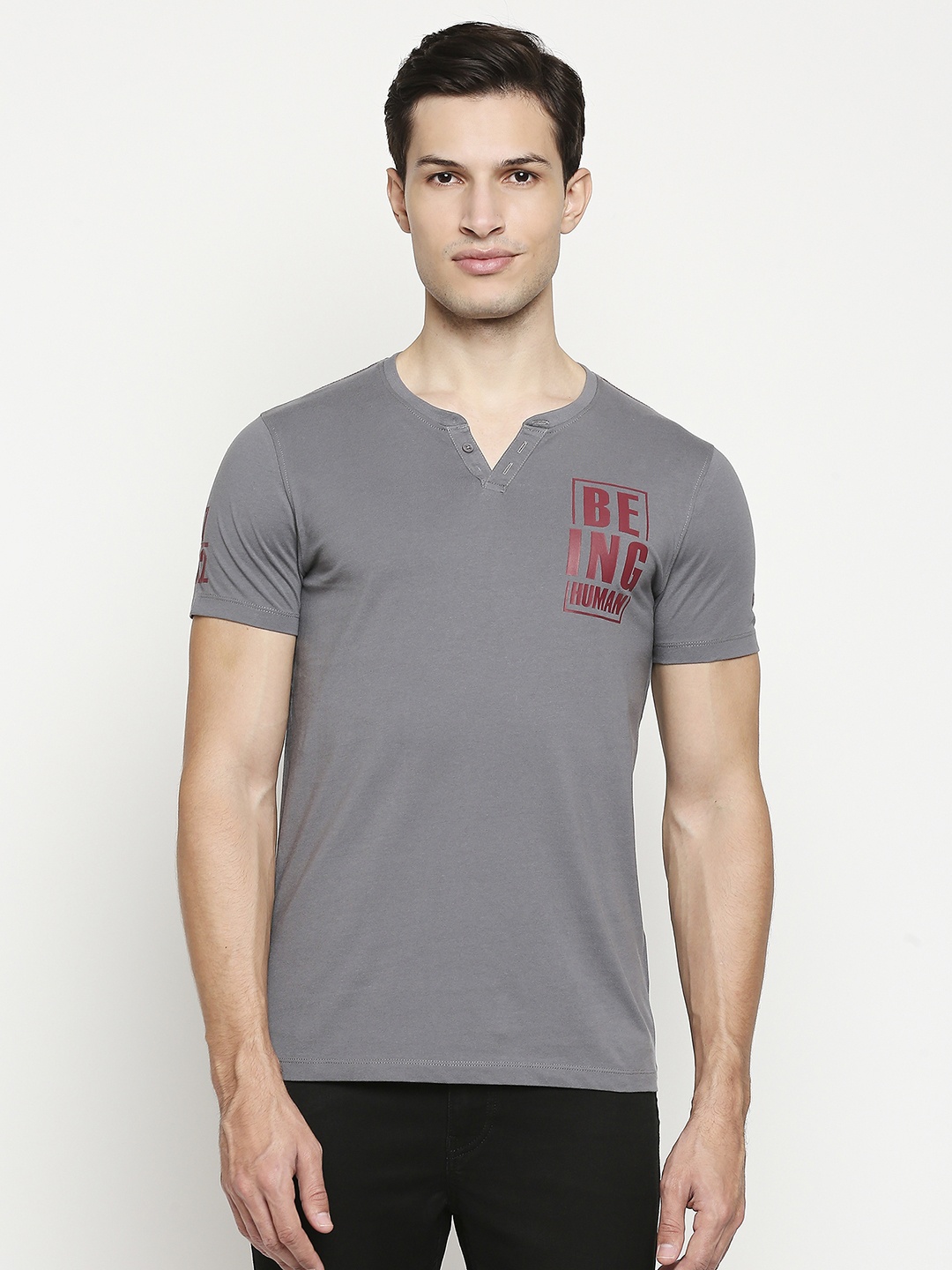 

Being Human Men Grey & Maroon Henley Neck Pure Cotton T-shirt