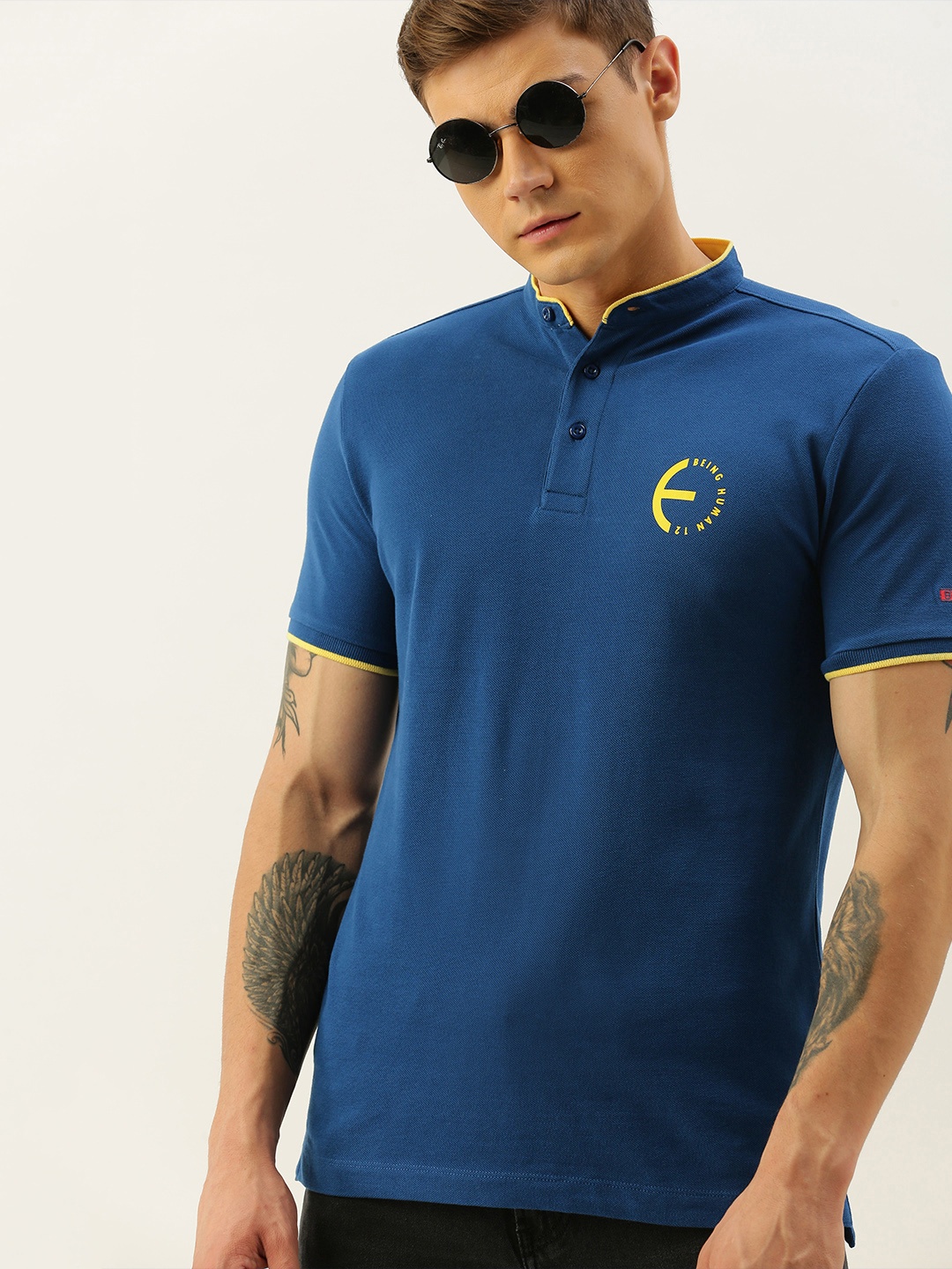 

Being Human Men Navy Blue Printed Mandarin Collar Pure Cotton T-shirt