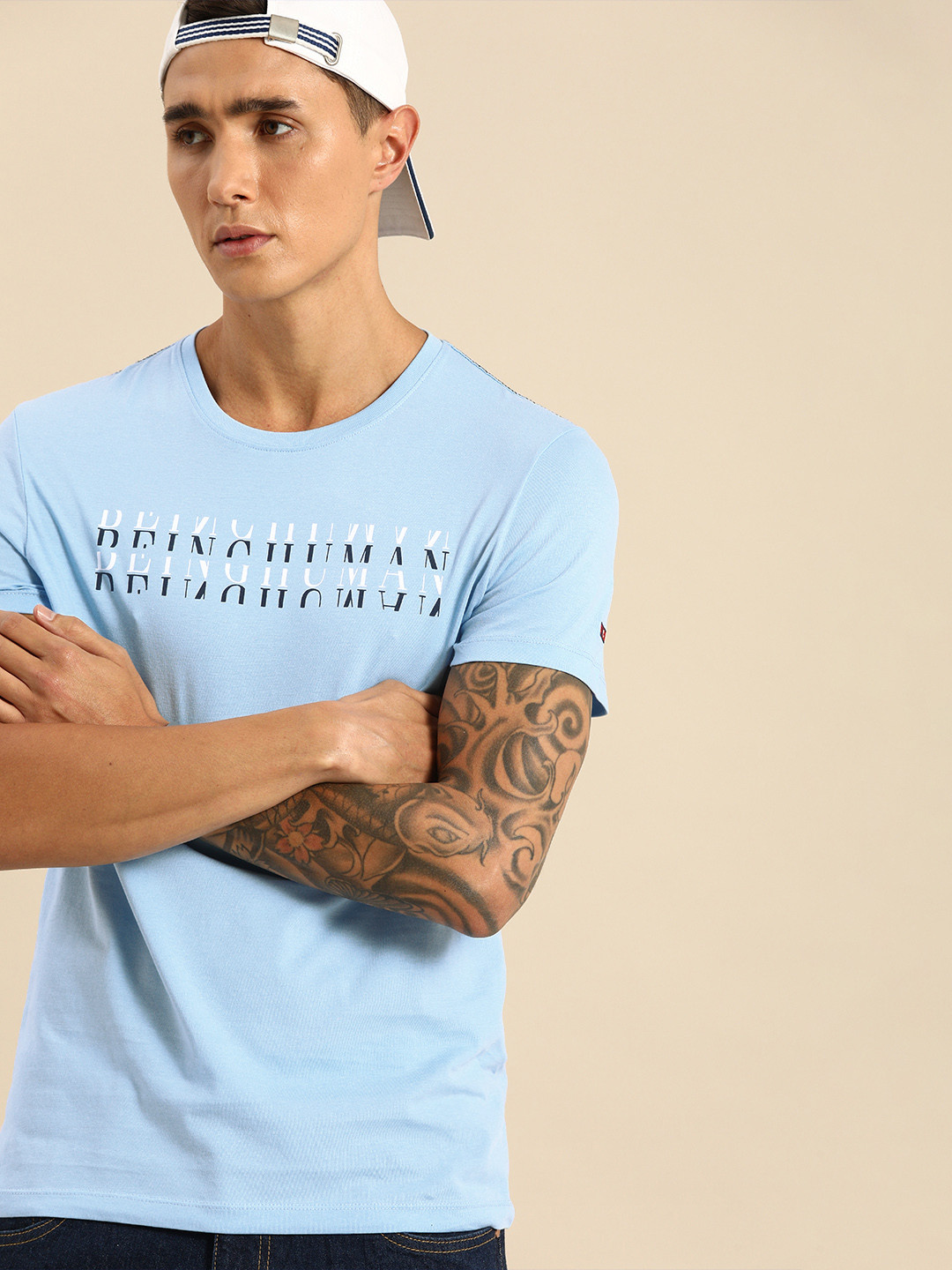 

Being Human Men Blue Cotton Brand Logo Print Round Neck T-shirt