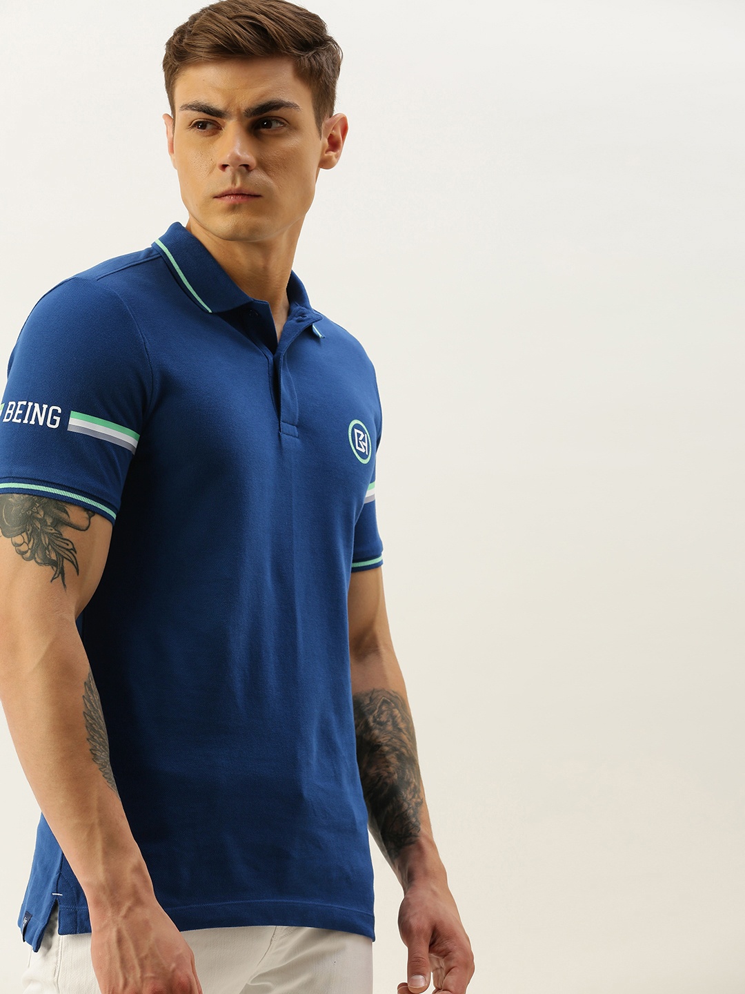 

Being Human Men Navy Blue Solid Polo Collar Pure Cotton T-shirt