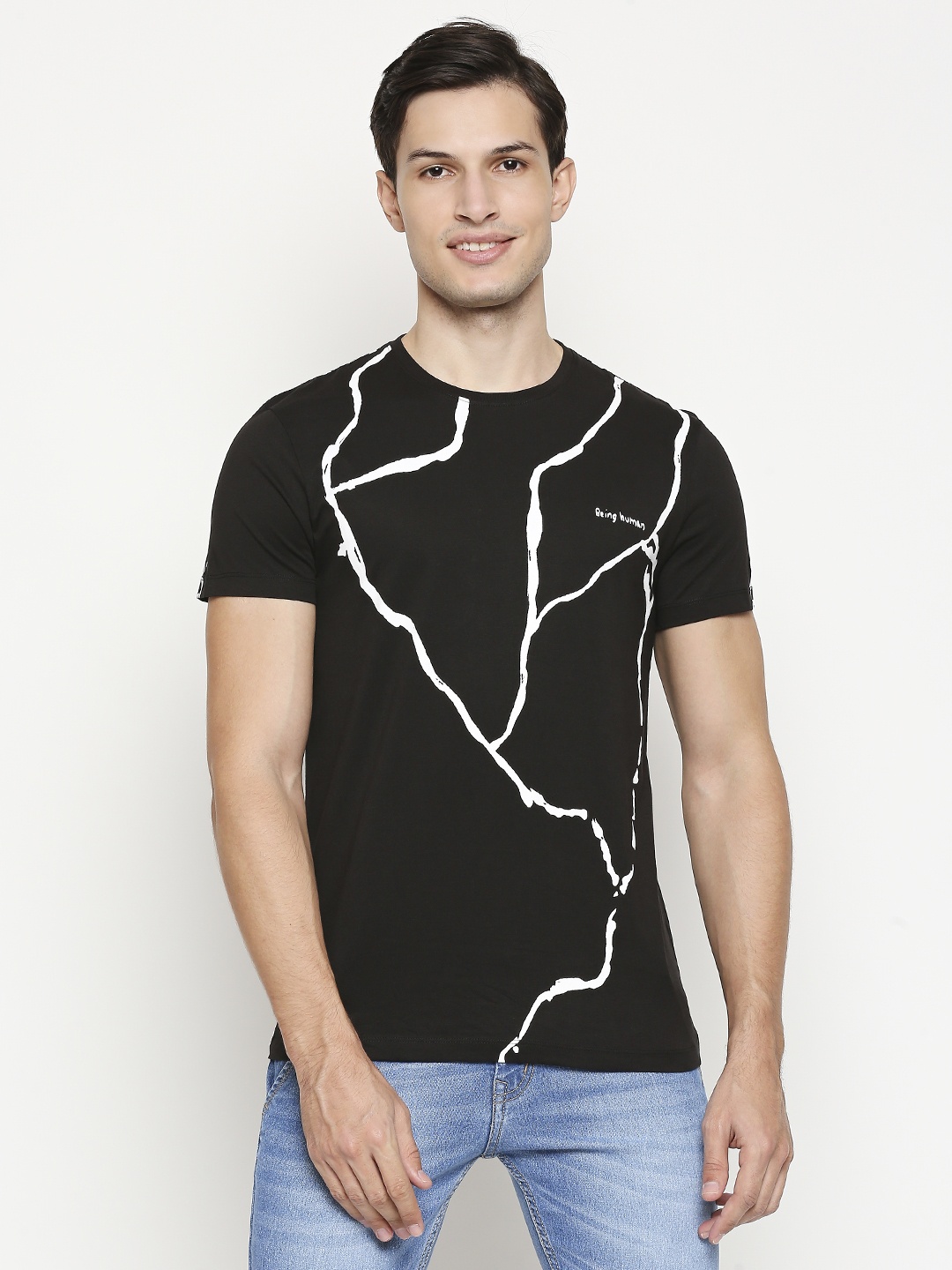 

Being Human Men Black & White Printed Monochrome Pure Cotton T-shirt