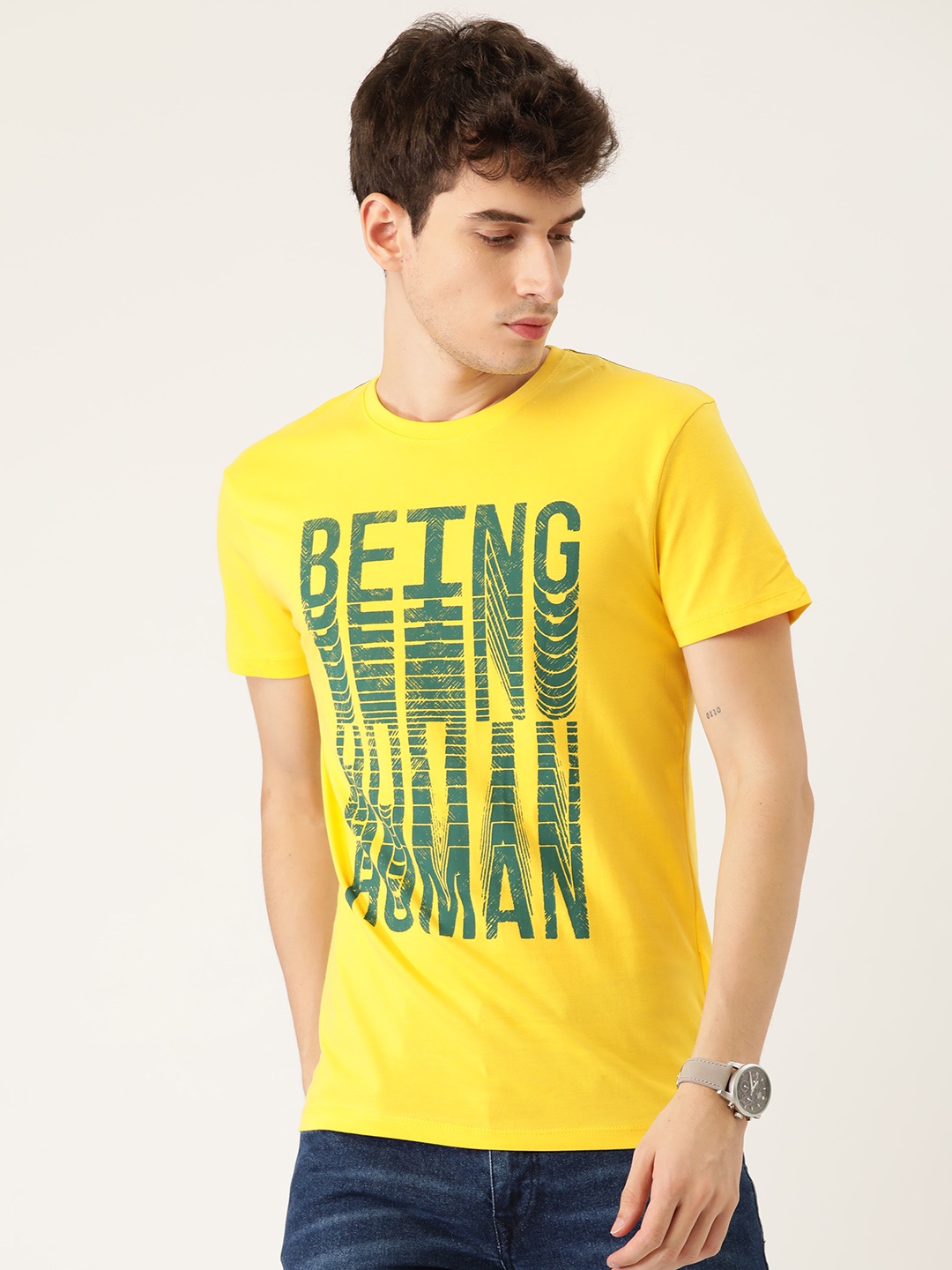 

Being Human Men Yellow & Green Brand Logo Printed Pure Cotton T-shirt
