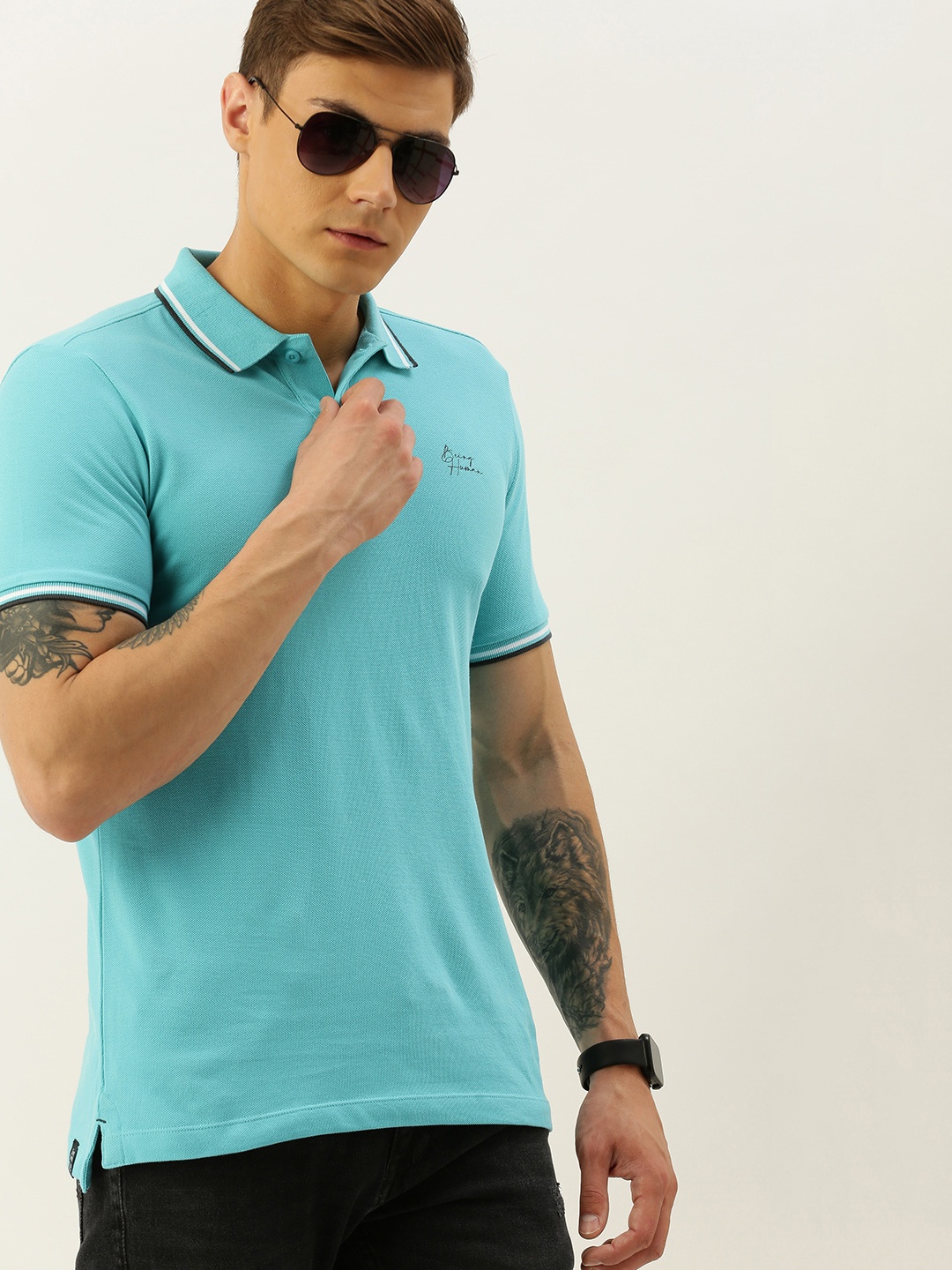 

Being Human Men Blue Solid Polo Collar Pure Cotton T-shirt