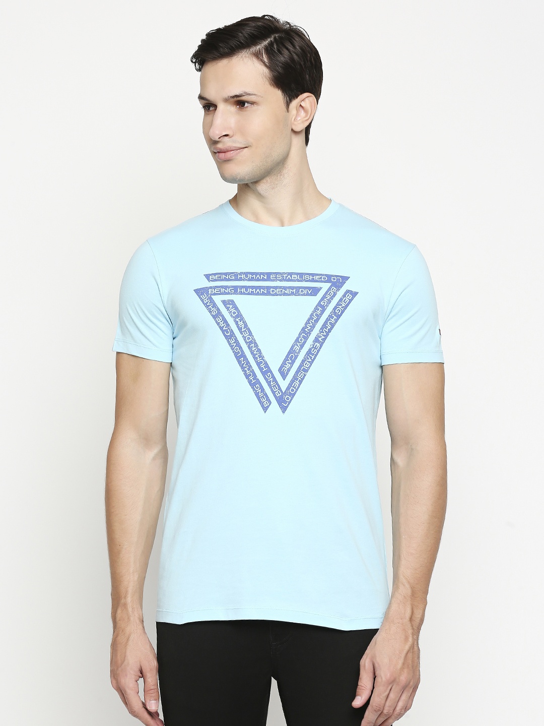

Being Human Men Blue & White Brand Logo Printed Pure Cotton T-shirt
