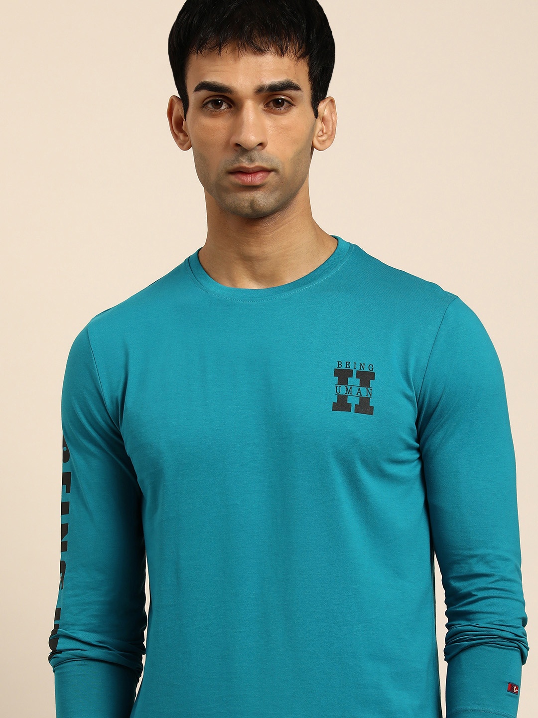 

Being Human Men Blue Printed Sleeves Pure Cotton T-shirt