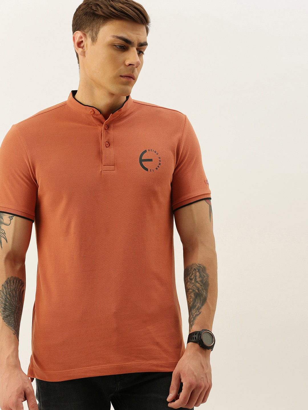 

Being Human Men Orange Solid Mandarin Collar Pure Cotton T-shirt