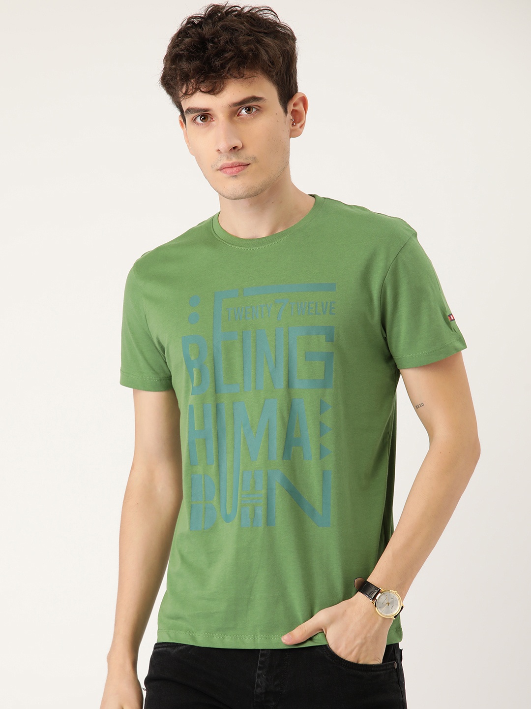 

Being Human Men Green Brand Logo Printed Cotton T-shirt