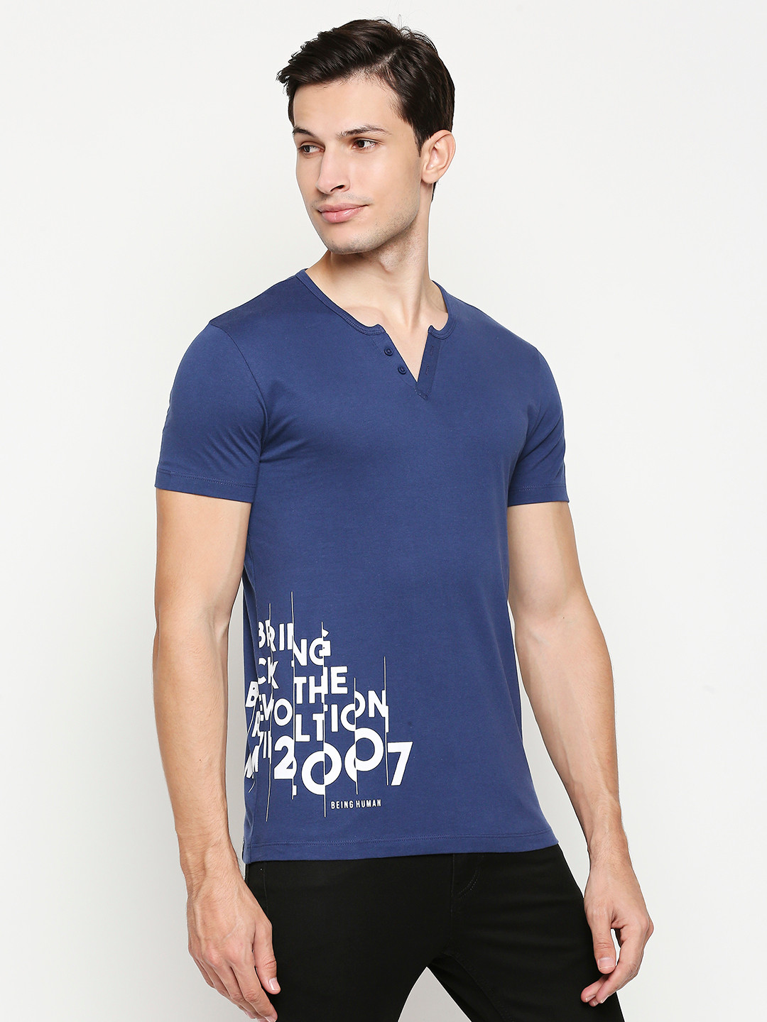 

Being Human Men Navy Blue & White Brand Logo Printed Henley Neck Pure Cotton T-shirt