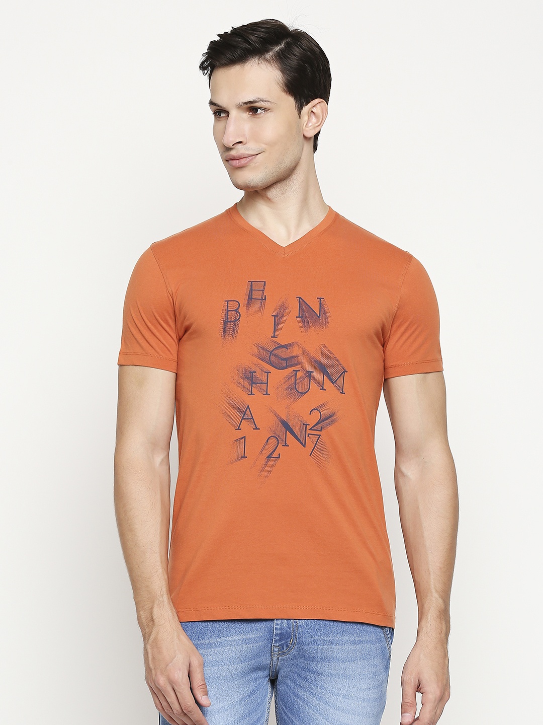 

Being Human Men Rust Orange & Blue Brand Logo Printed V-Neck Pure Cotton T-shirt