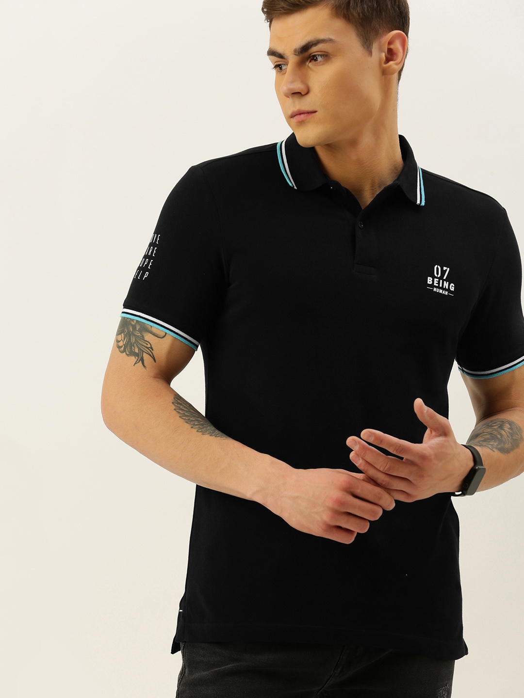

Being Human Men Black Solid Polo Collar Pure Cotton T-shirt