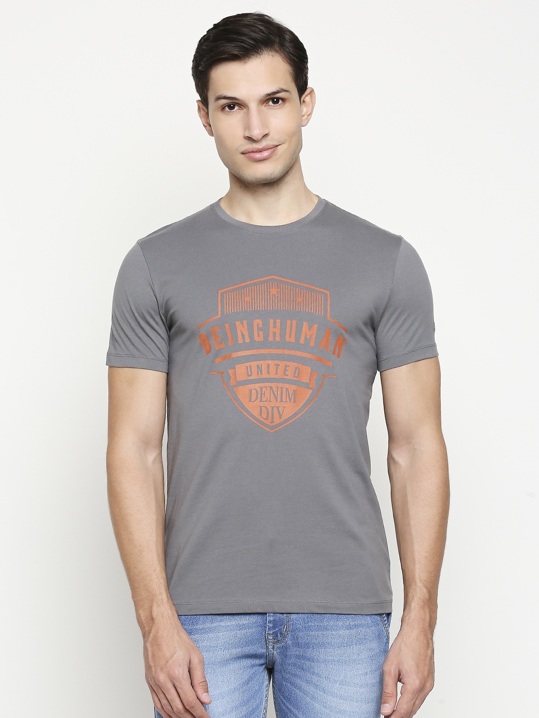 

Being Human Men Grey & Orange Brand Logo Printed Pure Cotton T-shirt