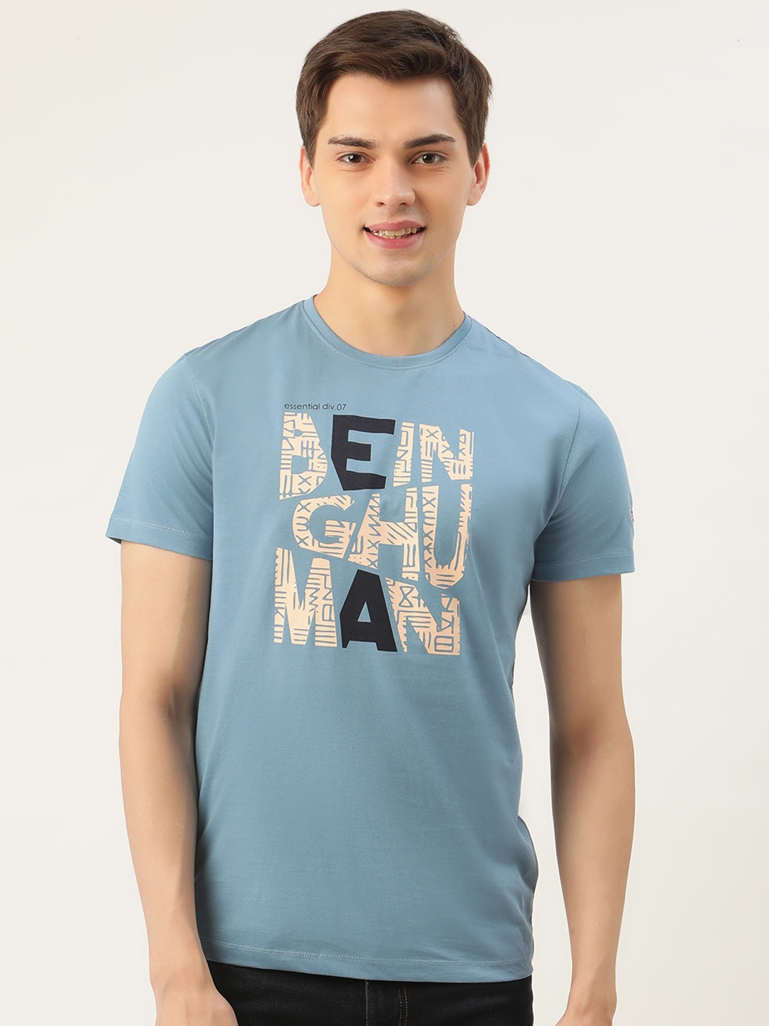 

Being Human Men Blue Beige Printed Round Neck Pure Cotton T-shirt