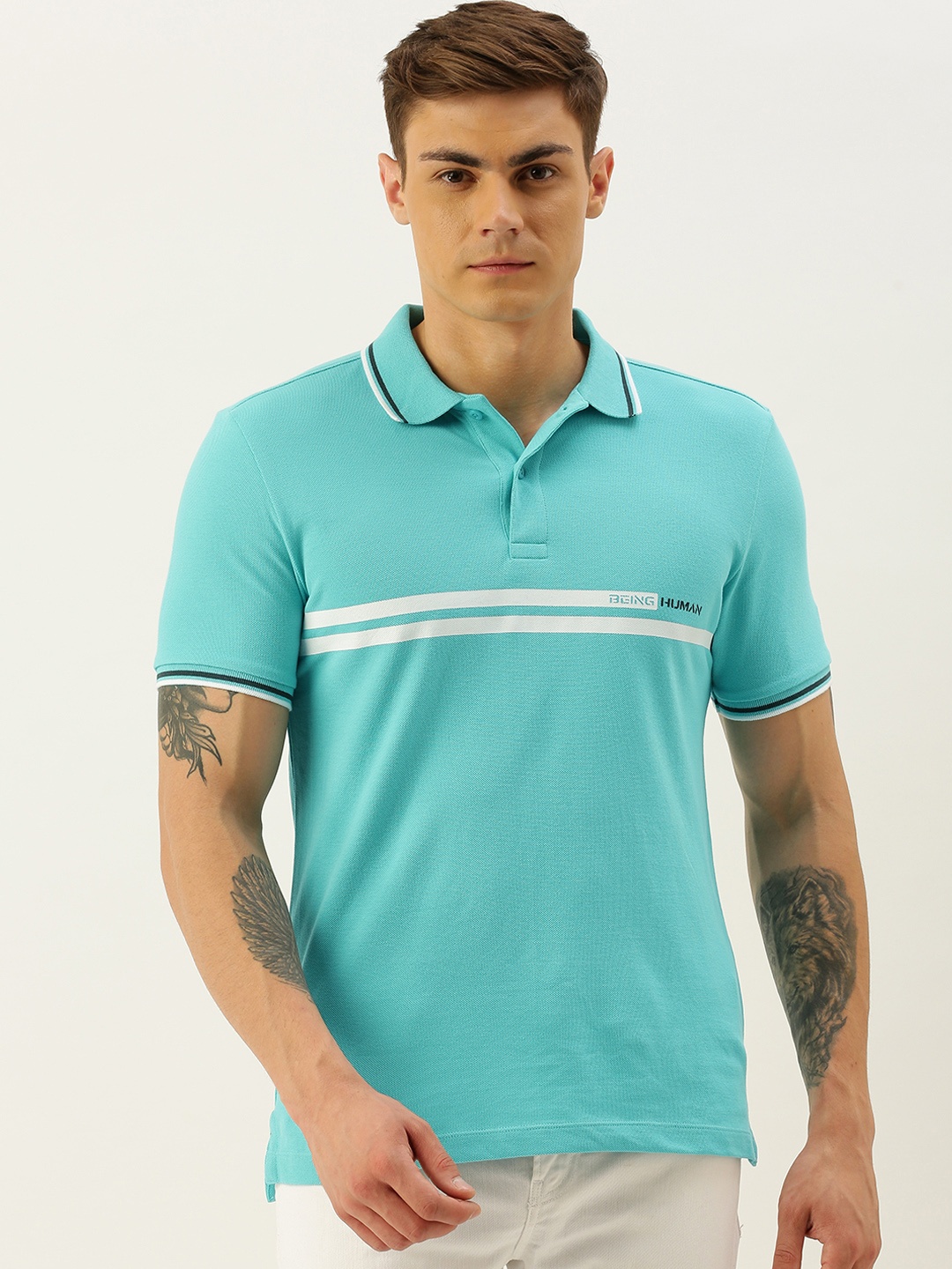 

Being Human Men Blue Striped Polo Collar Pure Cotton T-shirt