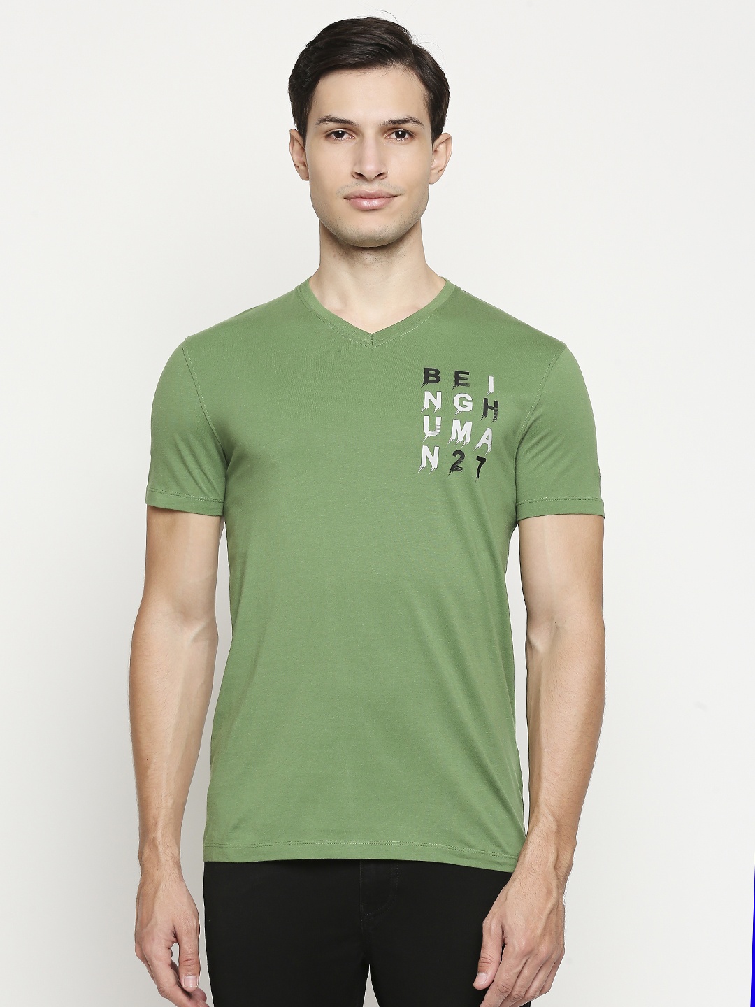 

Being Human Men Green & Black Brand Logo V-Neck Pure Cotton T-shirt