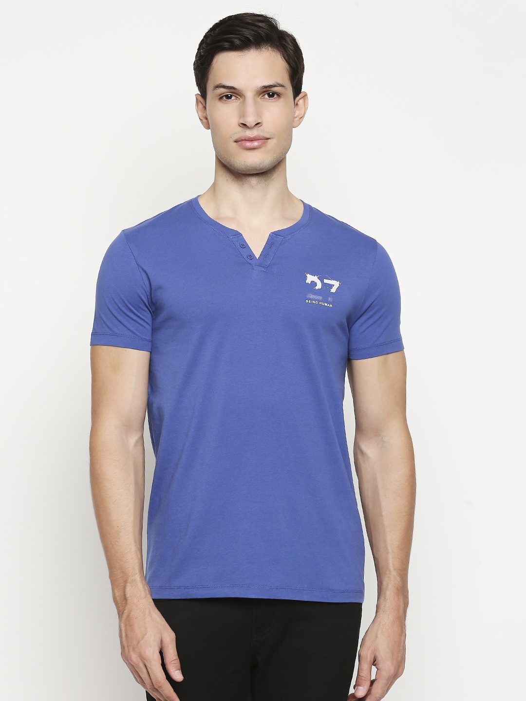 

Being Human Men Blue Solid Henley Neck Pure Cotton T-shirt