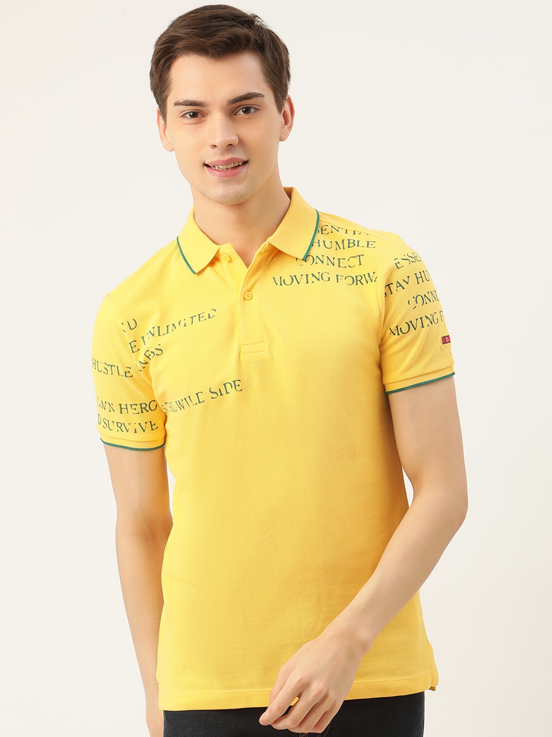 

Being Human Men Yellow Green Printed Pure Cotton Polo Collar Pure Cotton T-shirt