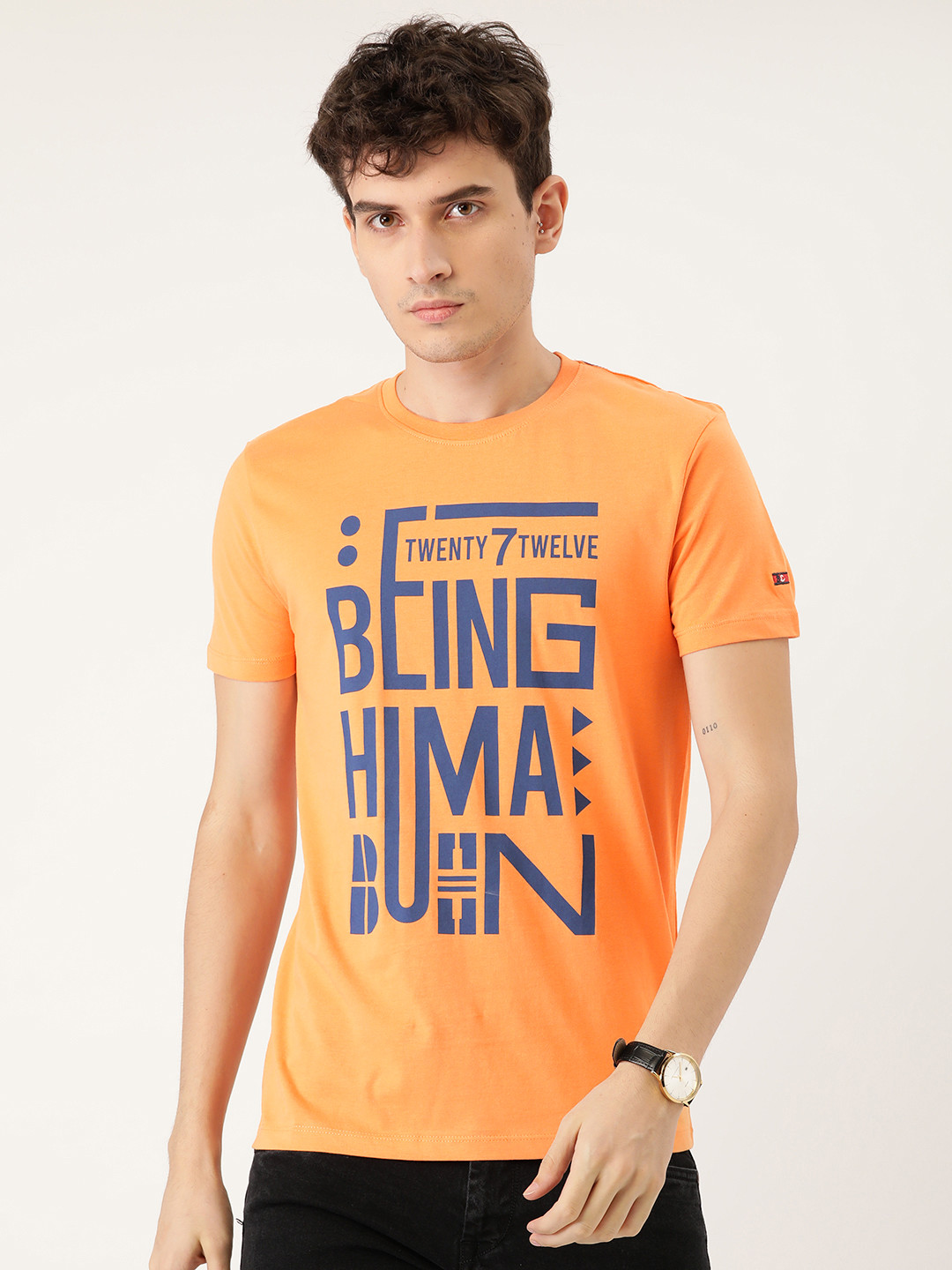 

Being Human Men Orange & Navy Blue Brand Logo Printed Cotton T-shirt