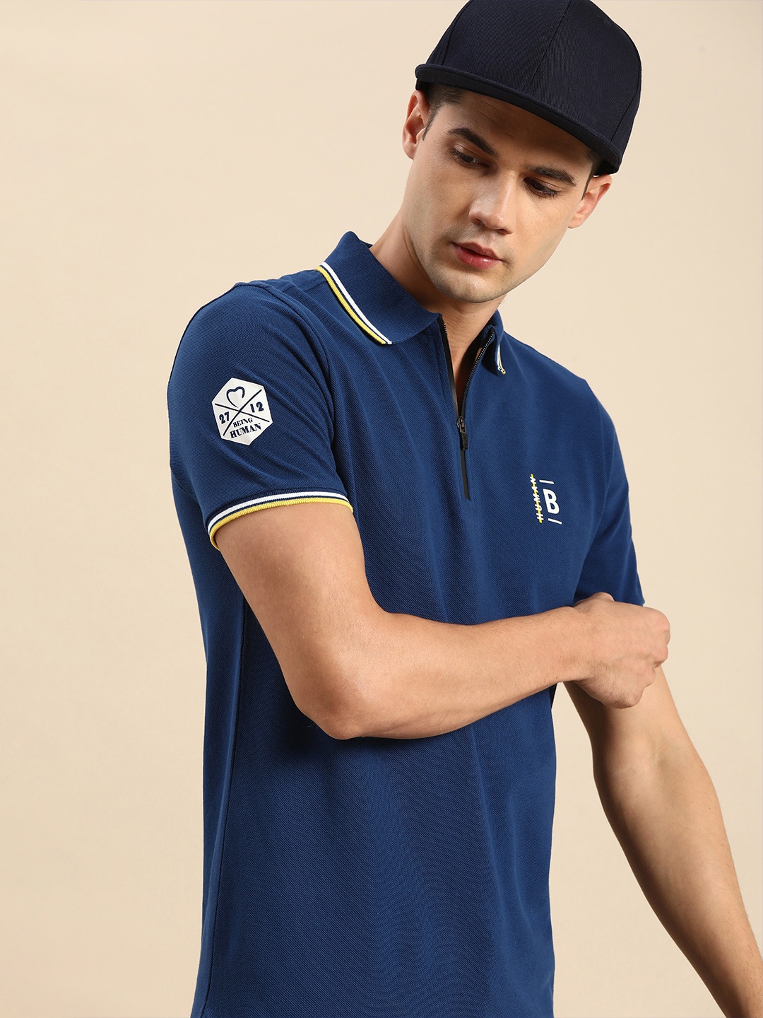 

Being Human Men Navy Blue Zipper Polo Collar T-shirt With Printed Detailing
