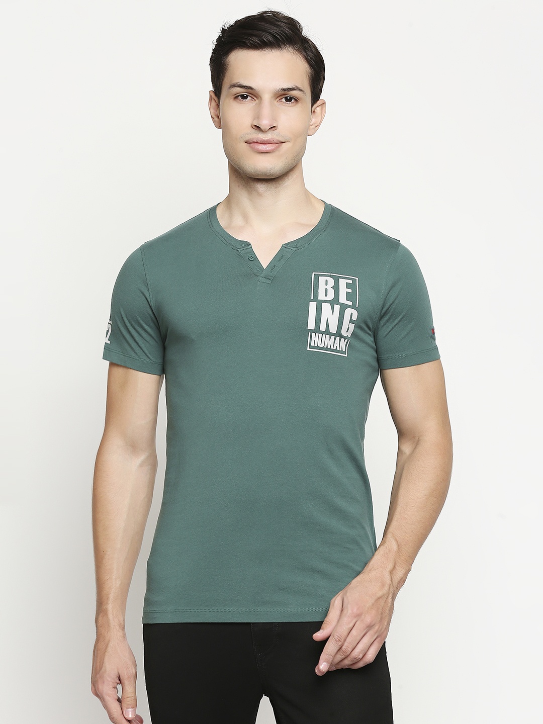 

Being Human Men Teal Green & White Brand Logo Printed Henley Neck Pure Cotton T-shirt