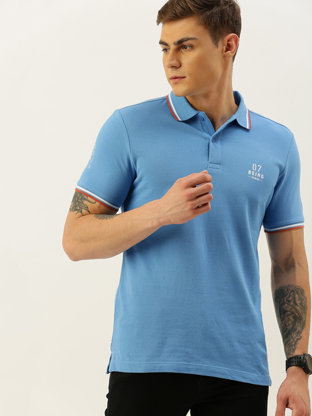 

Being Human Men Blue Solid Polo Collar Pure Cotton T-shirt