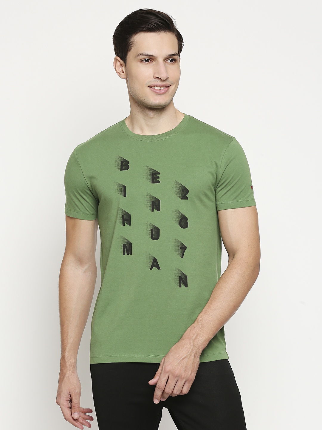 

Being Human Men Green & Black Brand Logo Printed Pure Cotton T-shirt