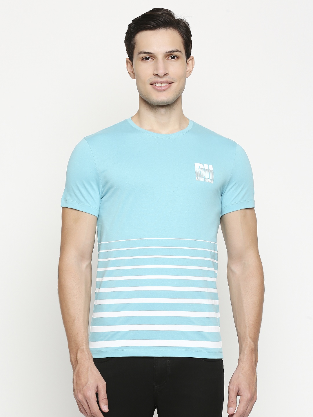 

Being Human Men Turquoise Blue & White Brand Logo Striped Pure Cotton T-shirt
