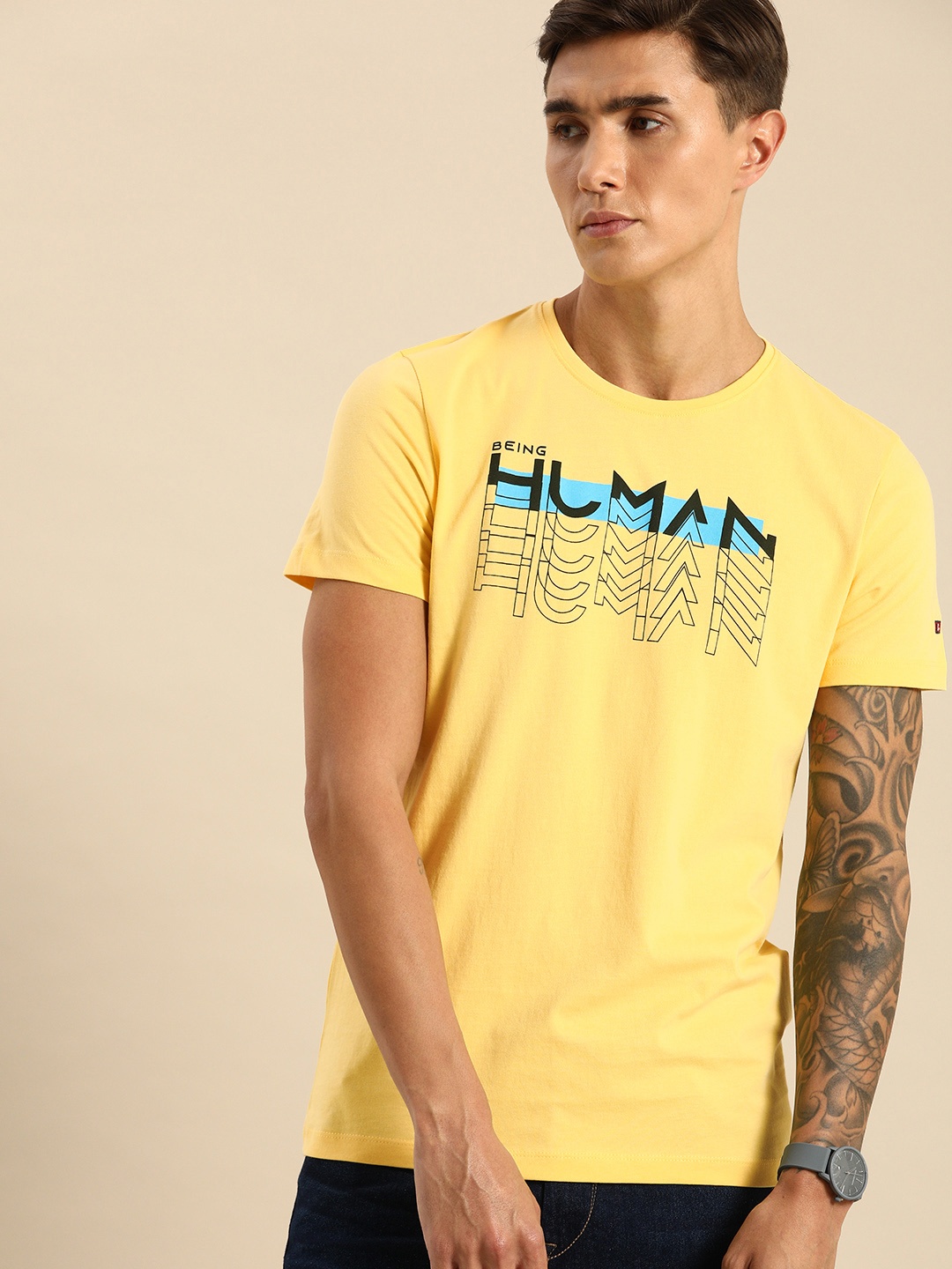 

Being Human Men Yellow Printed Round Neck Pure Cotton T-shirt