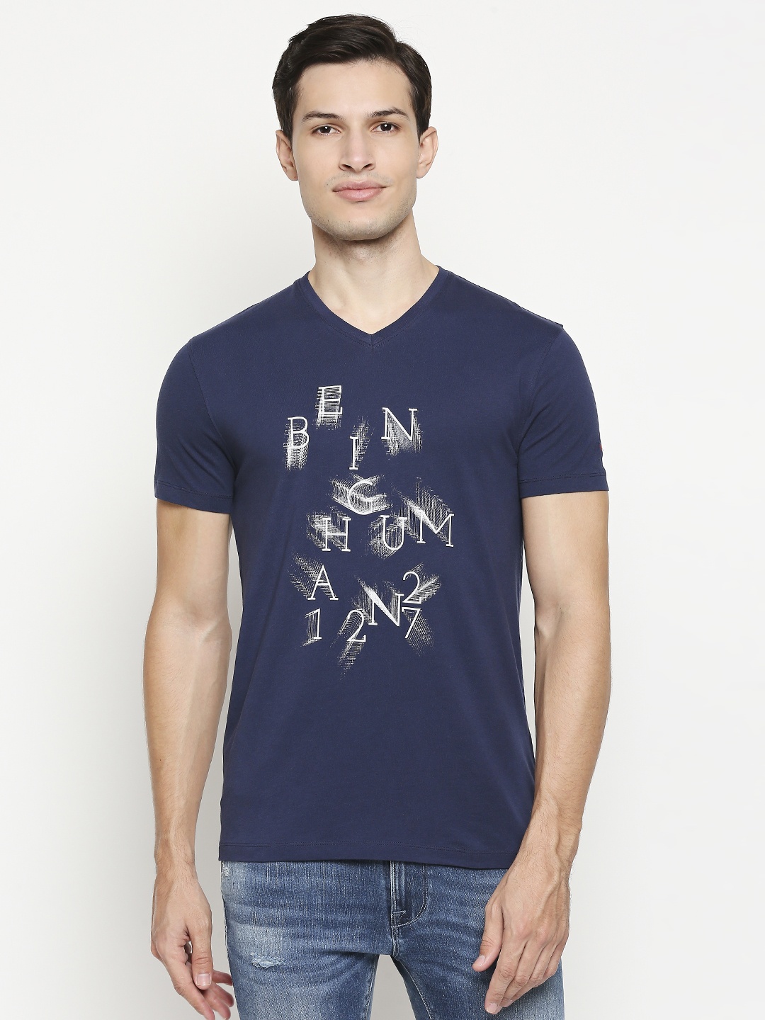 

Being Human Men Navy Blue & White Brand Logo Printed V-Neck Pure Cotton T-shirt