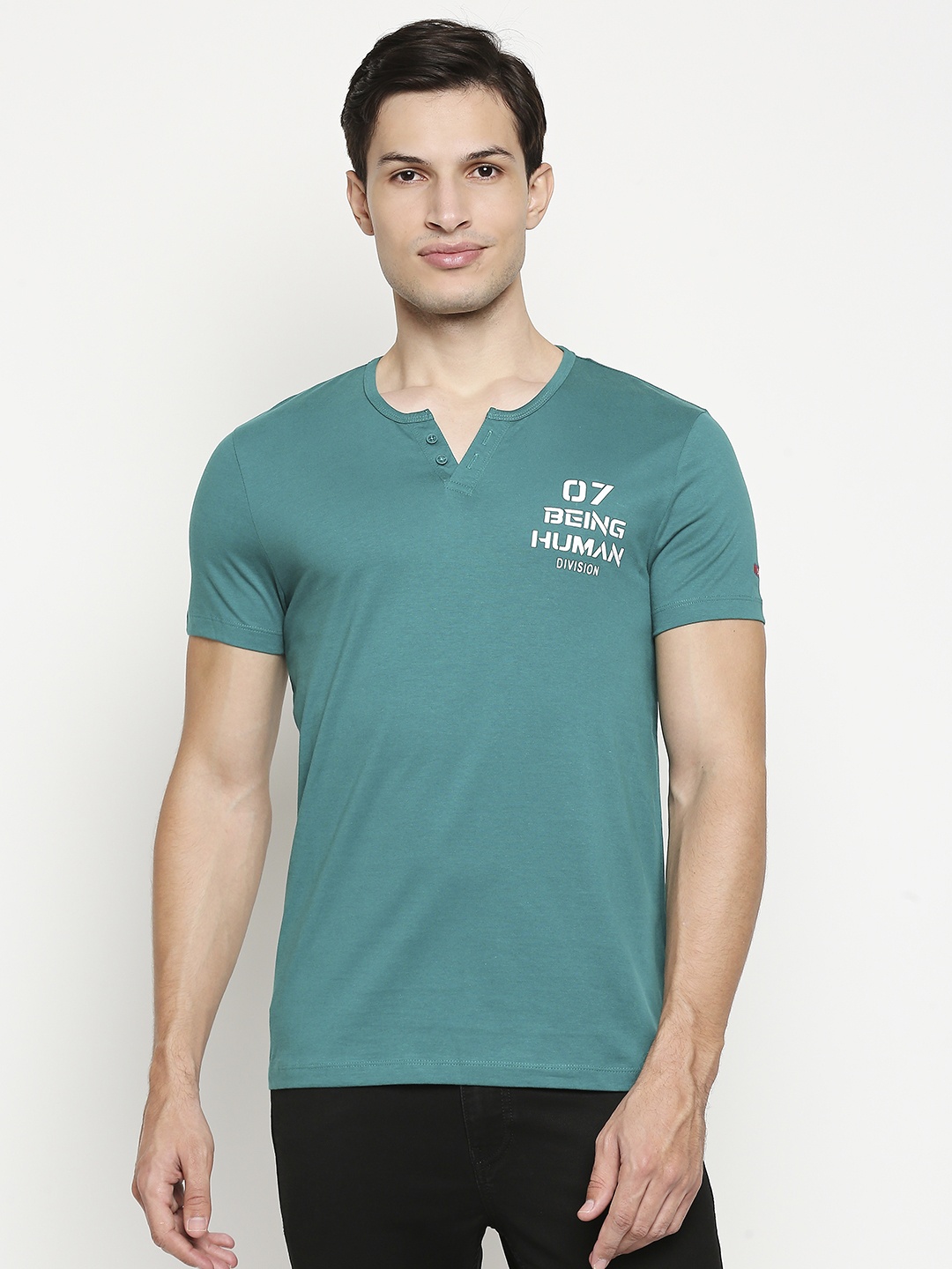 

Being Human Men Teal Blue Solid Henley Neck Pure Cotton T-shirt