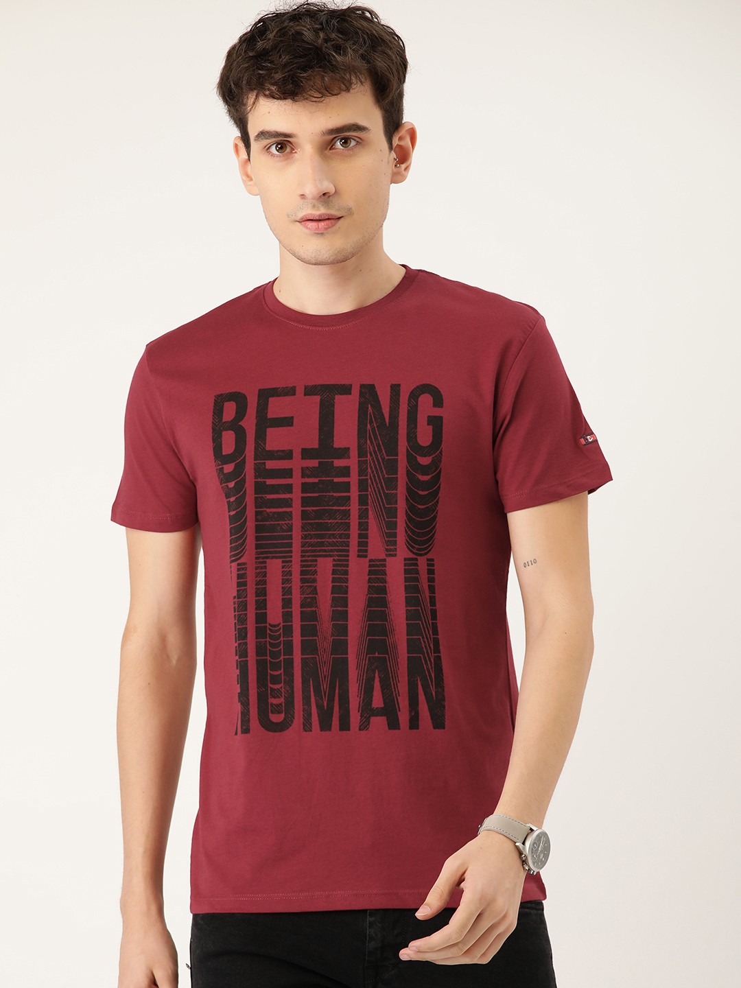 

Being Human Men Maroon & Black Brand Logo Printed Cotton T-shirt