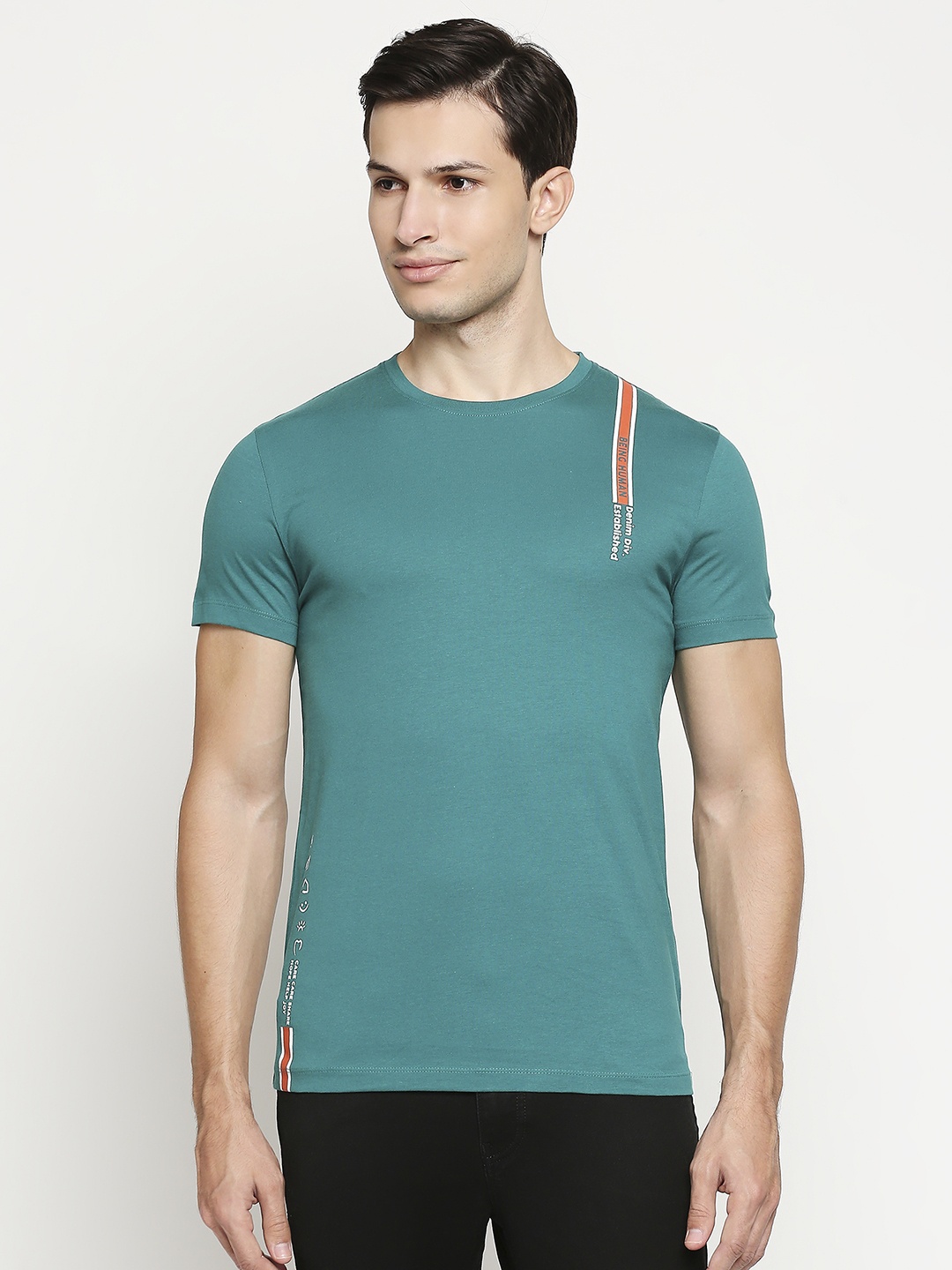 

Being Human Men Teal Blue Solid Pure Cotton T-shirt