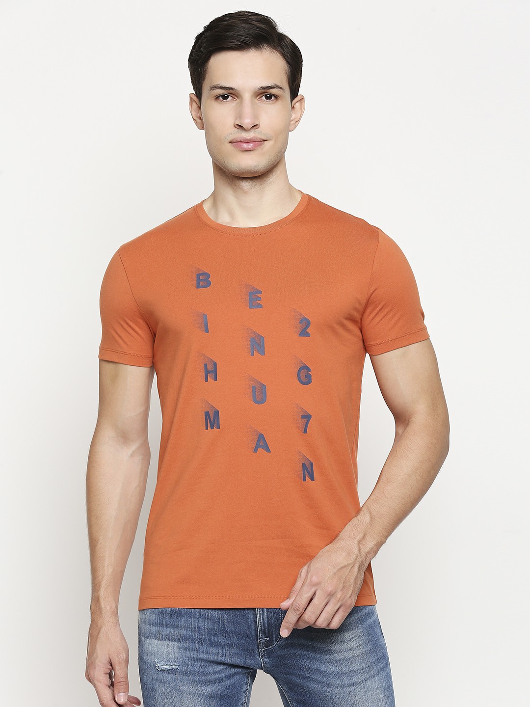 

Being Human Men Rust Orange & Blue Brand Logo Printed Pure Cotton T-shirt