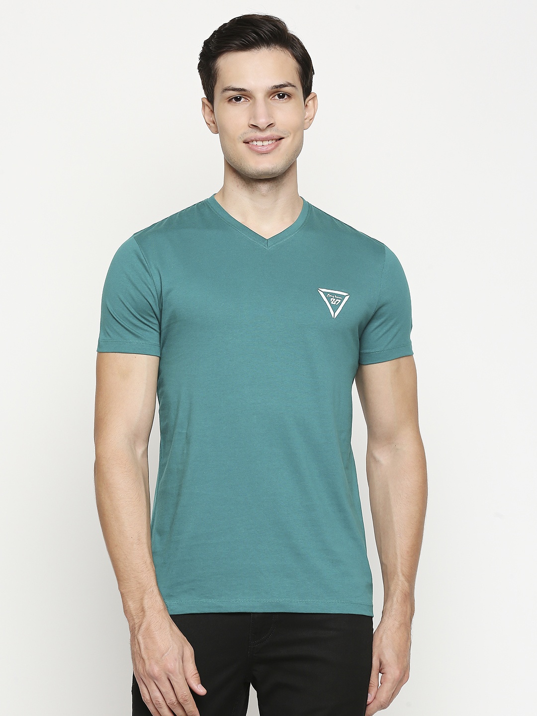 

Being Human Men Teal Green & White Printed Pure Cotton V-Neck T-shirt